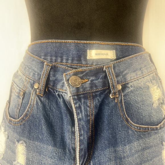Blue asphalt distressed, folded, ripped,Jean shorts, high rise, size Small - Picture 2 of 5